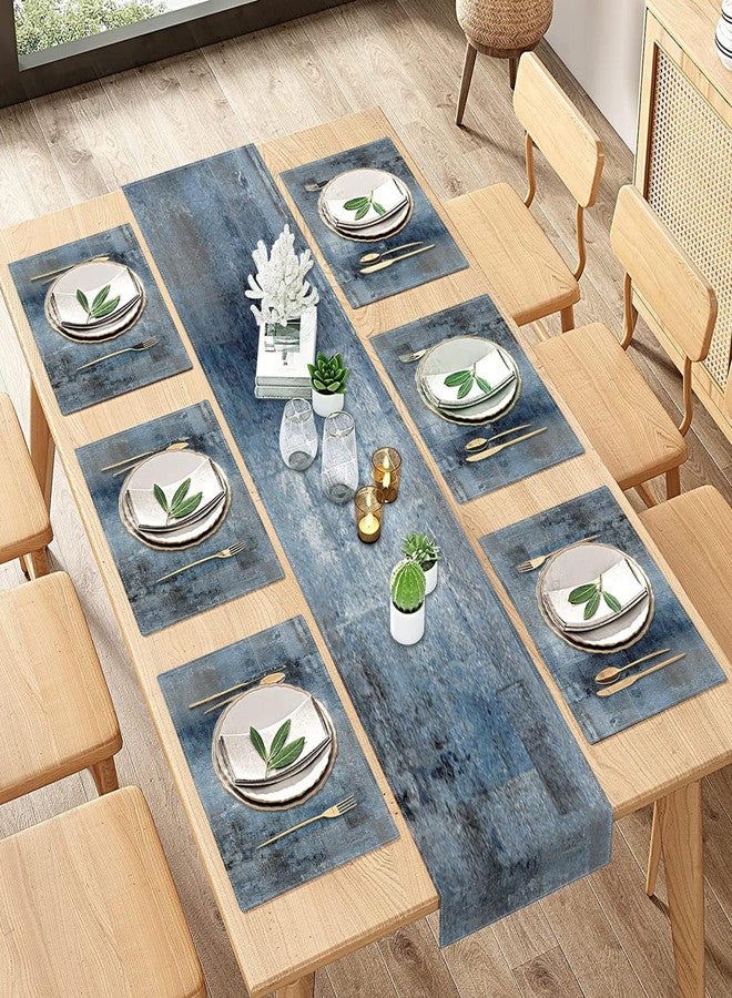 ArtSocket طقم مفارش طاولة وأطباق من ArtSocket Farmhouse مكون من 6 قطع، لوحة فنية تجريدية باللونين الأزرق والرمادي بتصميم عتيق، ديكور طعام للاستخدام اليومي (مفرش طاولة واحد بطول 72 بوصة و6 مفارش أطباق). - Image 1